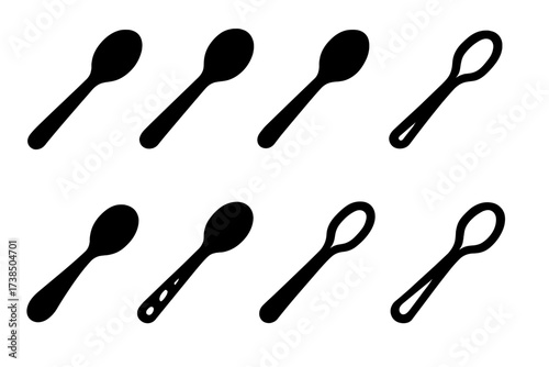 Spoon Material Icons. Solid, filled icon set of spoon materials: metal spoon, wooden spoon, plastic spoon, ceramic spoon, silicone spoon, bamboo spoon,