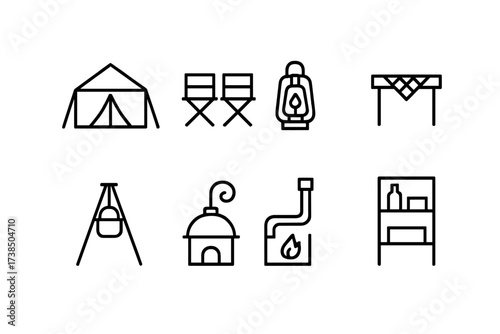 Field Kitchen Icons. Outline icon set of field kitchen setup: tent shelter, folding chairs, lantern, tablecloth, cooking tripod, smoke vent, portable stove