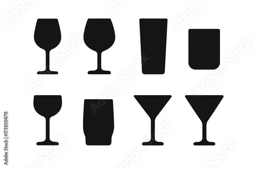 Black Glassware Icons. Solid, filled icon set of spritz glassware: wine glass, balloon glass, highball glass, rocks glass, stemmed glass, tumbler, cocktail