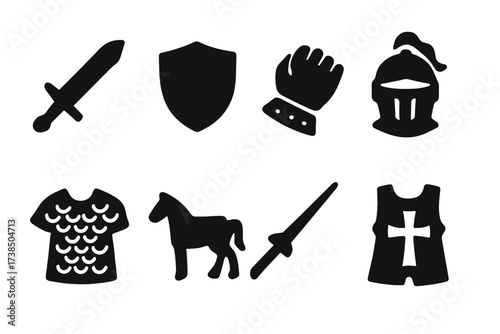 Knight's Armor Icons. Solid, filled icon set of knight?s equipment: sword, shield, gauntlet, helmet, chainmail, horse, lance, tabard. Solid, filled icons in