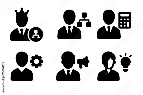 Corporate Staff Icons. Solid, filled icon set of corporate staff: CEO, manager, accountant, HR, developer, marketer, designer, intern. [Line icons in only