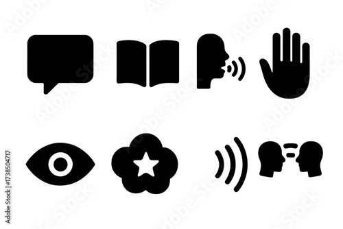 Spirit World Icon Grid. Solid, filled icon set of spirit world communication: speech bubble, open book, whispering mouth, hand gesture, eye, dream symbol,