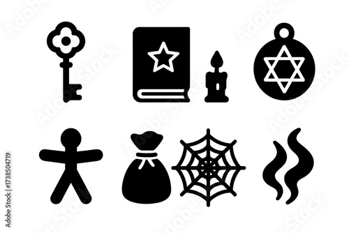 Kikimora Folklore Icons. Solid, filled icon set of kikimora related folklore objects: enchanted key, ancient book, magic candle, talisman, wooden doll, charm