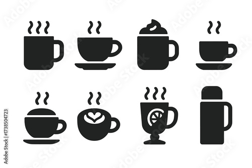 Hot Drinks Icons. Solid, filled icon set of hot drinks: coffee mug, tea cup, hot chocolate, espresso shot, cappuccino, matcha latte, mulled wine, thermos.