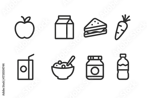 Children Nutrition Icons. Outline icon set of children nutrition: apple, milk carton, sandwich, carrot, juice box, bowl of cereal, baby food jar, water bottle.