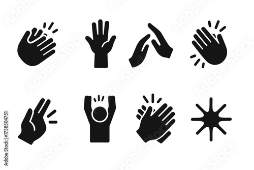 Applause Gesture Icons. Solid, filled icon set of applause gestures: clapping hands, raised hands, slow clap, enthusiastic clap, one-hand clap, hands above