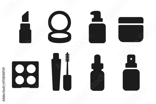 Makeup Packaging Icons. Solid, filled icon set of makeup packaging: lipstick tube, compact case, pump bottle, jar container, palette box, mascara tube, dropper