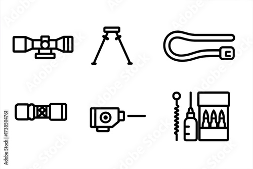Rifle Accessories Icons. Outline icon set of rifle accessories: scope, bipod, sling, suppressor, flashlight, laser sight, cleaning kit, ammo box. Line icons in