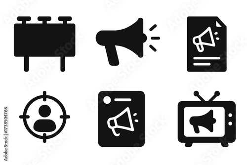 Advertising Icon Set. Solid, filled icon set of advertising campaign: billboard, megaphone, banner, flyer, target audience, social media ad, email marketing,