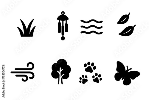 Soft Sound Icons. Solid, filled icon set of soft sounds: rustling grass, wind chimes, flowing water, leaves falling, gentle breeze, whispering trees, small