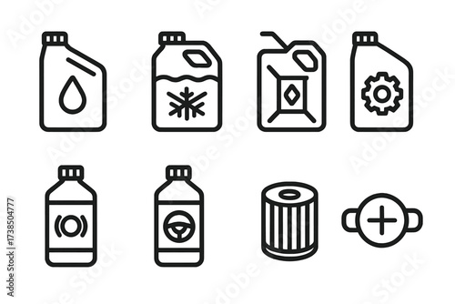 Engine Fluids Icon Set. Outline icon set of engine fluids: engine oil, coolant, fuel, transmission fluid, brake fluid, power steering fluid, oil filter,