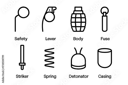 Grenade Components Icons. Outline icon set of grenade components: safety pin, lever, body, fuse, striker, spring, detonator, casing. Line icons in only black