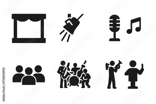 Jazz Performance Icons. Solid, filled icon set of jazz performance elements: stage, spotlight, microphone, audience, music notes, band, soloist, conductor.