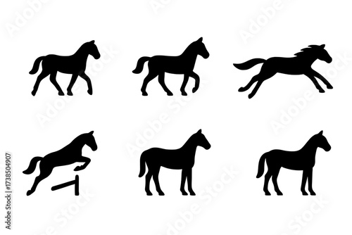 Horse Gait Icons. Solid, filled icon set of horse gaits: walk, trot, canter, gallop, jump, stand, halt, back up. Solid, filled icons in only black color. All