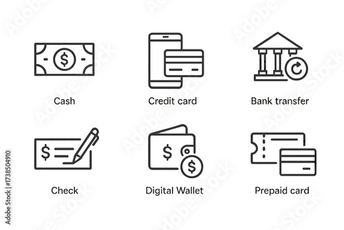 Payment Method Icons. Outline icon set of expense payment methods: cash, credit card, mobile pay, bank transfer, check, digital wallet, voucher, prepaid card.