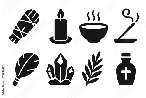 Cleansing Ritual Icons. Solid, filled icon set of cleansing rituals: sage bundle, burning candle, bowl of water, incense stick, feather fan, crystal cluster,