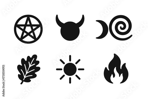 Pagan Symbols Icons. Solid, filled icon set of paganism elements: pentagram, horned god symbol, triple goddess, nature spiral, oak leaf, harvest sun,