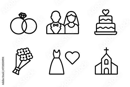Marriage Icon Set. Outline icon set of marriage: wedding rings, bride and groom, wedding cake, bouquet, champagne glasses, heart, wedding dress, church. Line