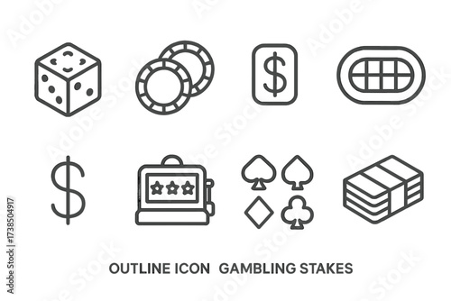 Gambling Icon Set. Outline icon set of gambling stakes: dice, poker chips, betting slip, casino table, dollar sign, jackpot, card suits, cash stack. Line icons