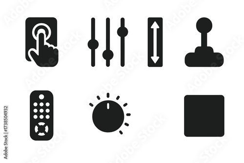 Smooth Technology Icons. Solid, filled icon set of smooth technology: touchscreen, slider control, smooth UI, scroll bar, joystick, remote control, volume