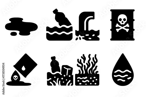 Water Pollution Icons. Solid, filled icon set of water pollution: oil spill, plastic bottle, sewage pipe, toxic barrel, chemical waste, floating trash, algae