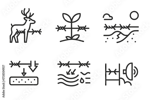 Barbed Wire Impact Icons. Outline icon set of barbed wire environmental impact: wildlife hazard, vegetation damage, erosion, soil compaction, water runoff,