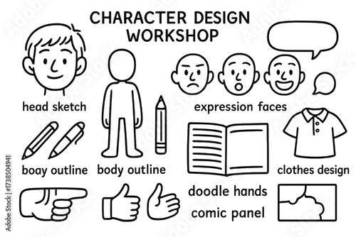 Comic Character Sketch. Character Design Workshop. Hand-drawn doodle illustration head sketch, body outline, expression faces, pencil, pen, eraser, notebook,