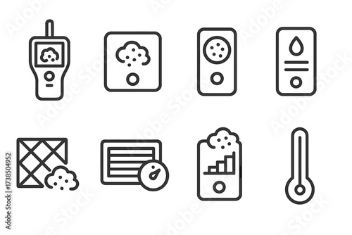 Dust Monitoring Icons. Outline icon set of dust measurement and monitoring: dust meter, air quality sensor, particulate counter, humidity meter, filter gauge,
