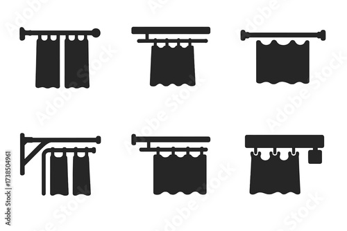 Curtain Installation Icons. Solid, filled icon set of curtain installations: wall-mounted rod, ceiling track, tension rod, corner mount, double rod, rail