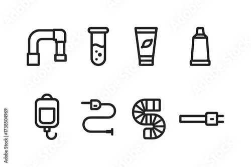 Tube Application Icons. Outline icon set of tube applications: plumbing pipe, chemical test tube, cosmetic cream tube, paint tube, medical IV tube, fuel pipe,