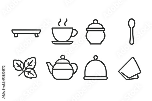 Icon Grid Collection. Outline icon set of mint tea serving: tea tray, teacup with steam, sugar pot, teaspoon, mint garnish, glass teapot, tea cozy, serving