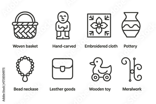 Crafts and Work Icons. Outline icon set of local crafts and goods: woven basket, hand-carved figurine, embroidered cloth, pottery vase, bead necklace, leather