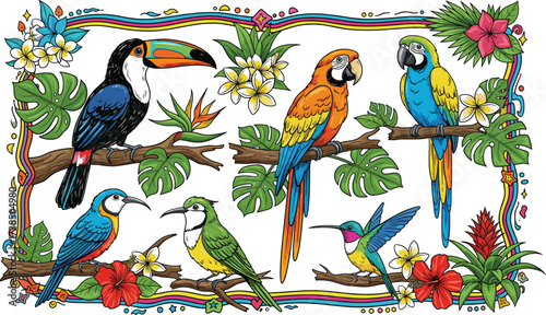 Tropical birds on branches with vibrant flowers and leaves, colorful wildlife vector set for nature, summer, travel, and decorative design themes