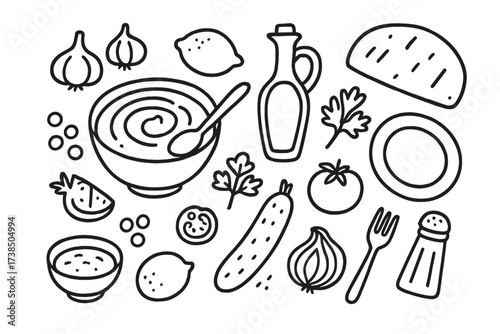 Hummus Ingredients Doodle. Hand-drawn doodle illustration Humus bowl, spoon, pita bread, olive oil bottle, garlic, lemon, parsley, chickpeas, plate, dipping