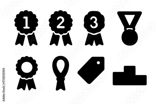 Award Ribbon Icons. Solid, filled icon set of award ribbons: first place ribbon, second place ribbon, third place ribbon, medal ribbon, rosette ribbon, honor