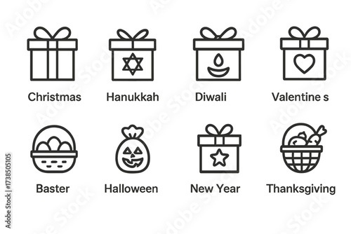 Festive Icon Collection. Outline icon set of surprise activities: jumping figure, party popper, gift opening, face with star eyes, confetti falling, balloon