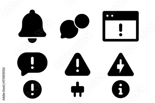 Standby Notification Icons. Solid, filled icon set of standby notifications: alert bell, notification dot, system message, popup window, countdown clock,