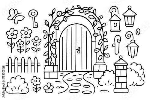 Garden Gate Doodles. Hand-drawn doodle illustration garden gate garden gate, flowers, fence, key, lock, pathway, arch, vine, leaves, butterfly, birdhouse,