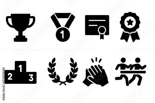 Marathon Awards Icons. Solid, filled icon set of marathon awards: trophy, medal, certificate, ribbon, podium, laurel wreath, applause, photo finish. [Line