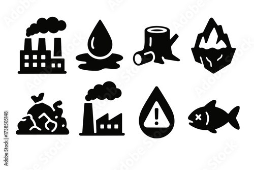 Environmental Crisis Icons. Solid, filled icon set of environmental crisis: polluted factory, oil spill, deforestation, melting iceberg, trash heap,