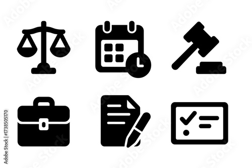 Legal Appointment Icons. Solid, filled icon set of legal appointments: scales of justice, calendar, clock, gavel, briefcase, document, pen, appointment card.