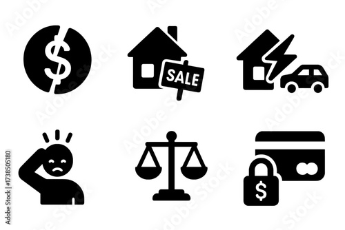 Financial Crisis Icons. Solid, filled icon set of red numbers effects: bankruptcy, foreclosure, credit damage, repossession, financial stress, legal action,