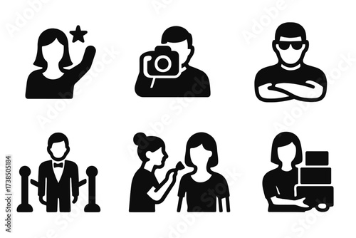 Red Carpet Icons. Solid, filled icon set of red carpet roles: celebrity, photographer, reporter, security guard, event host, makeup artist, stylist, assistant.