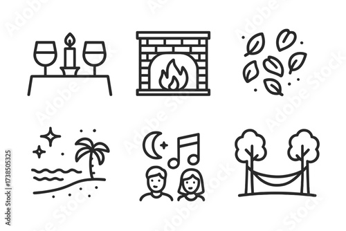 Romantic Icon Set. Outline icon set of romantic settings: candlelight dinner, cozy fireplace, rose petals, starry night, quiet beach, soft music, moonlight