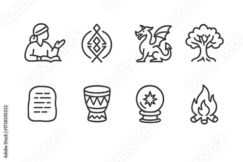 Cultural Legends Icons. Outline icon set of cultural legends: storyteller, tribal symbol, legendary creature, ancient tablet, sacred tree, folklore drum,