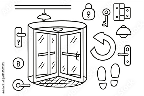 Revolving Door Doodle. Hand-drawn doodle illustration revolving door revolving door, glass panels, handle, lock, keyhole, floor mat, ceiling, frame, arrow,