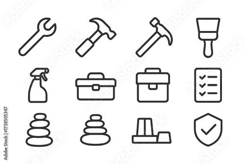 Icon Exercise and Play. Outline icon set of balance board exercises: single leg stand, squats, plank on board, side lunges, balancing twist, toe taps, forward