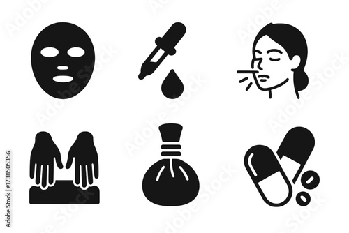 Rejuvenation Treatment Icons. Solid, filled icon set of rejuvenation treatments: facial mask, serum dropper, laser therapy, microdermabrasion, massage hands,