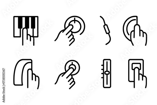 Synthesizer Icon Set. Outline icon set of synthesizer playing techniques: finger pressing keys, knob turning, patch cable connecting, modulation wheel moving,