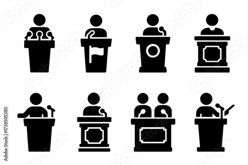 Public Speaking Podium Icons. Solid, filled icon set of public speaking podiums: press conference podium, political rally podium, university lecture podium,